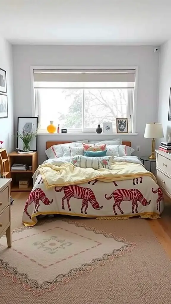 23 Trendy Dorm Bedding Ideas for a Stylish Space 10 A cozy dorm room with a bed featuring a pink tiger blanket and soft yellow throw.