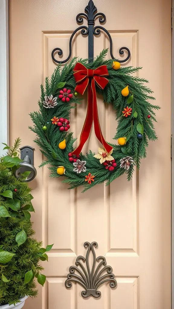 25 Creative Door Hanger Ideas to Customize Your Space 12 A beautifully decorated seasonal wreath with colorful ornaments and a red bow, hanging on a peach-colored door.