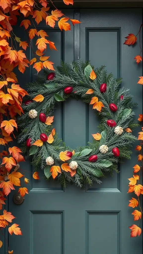 27 Inspiring Outdoor Entryway Decor Ideas to Enhance Your Home's Curb Appeal 4 A seasonal wreath with red accents and pumpkins on a blue door surrounded by orange leaves.