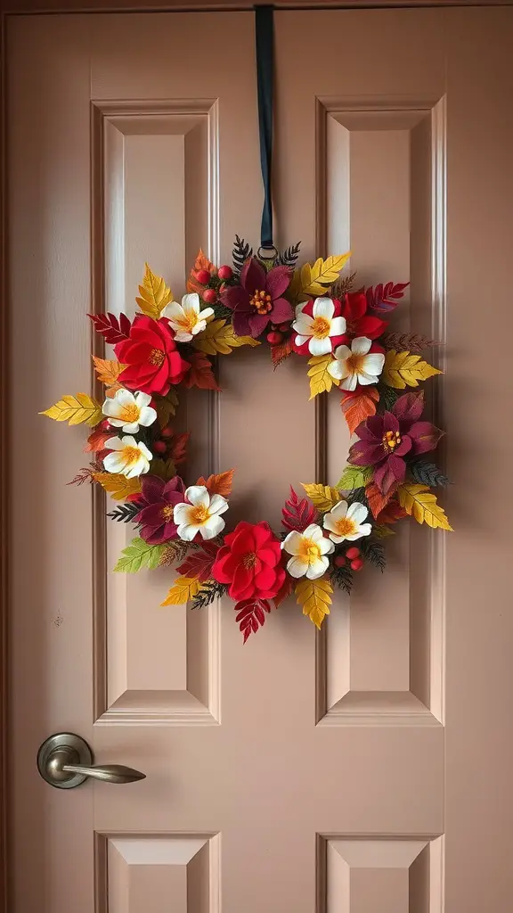 21 Creative Dorm Door Decoration Ideas for a Personal Touch 6 A colorful autumn-themed wreath with flowers and leaves hanging on a door