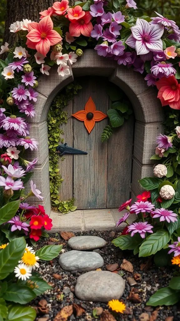 25 Enchanting Outdoor Fairy Garden Ideas to Inspire Your Creativity 11 A small, whimsical door surrounded by colorful flowers in a garden, suggesting a fairy hideaway.