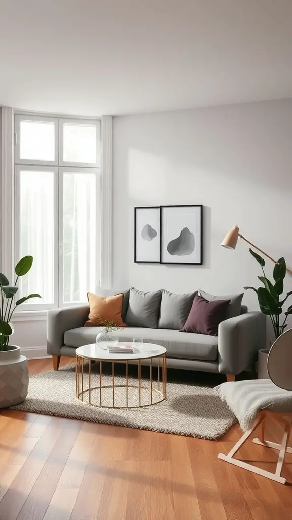 21 Stylish Small Living Room Ideas to Maximize Your Space 2 A small living room featuring a gray sectional sofa, round coffee table, and potted plants, with large windows allowing natural light.