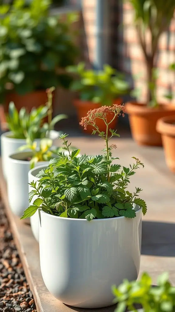 15 Creative Indoor Herb Planter Ideas for Your Home 14 A collection of self-watering herb planters with vibrant green herbs in white pots