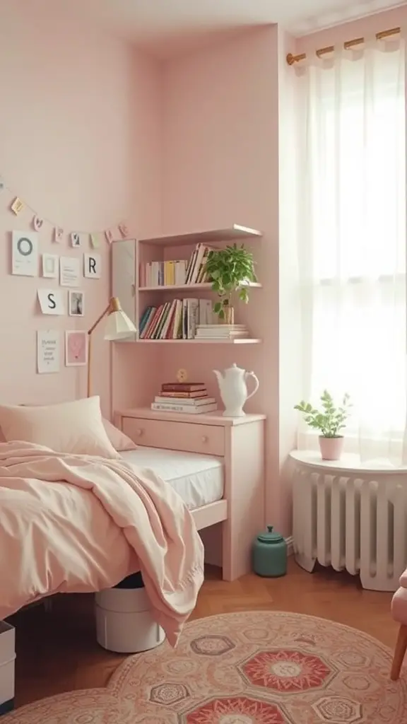 19 Dreamy Pink Dorm Room Ideas to Inspire Your Space 9 A cozy dorm room featuring blush pink walls, a neatly made bed, white furniture, and decorative elements.