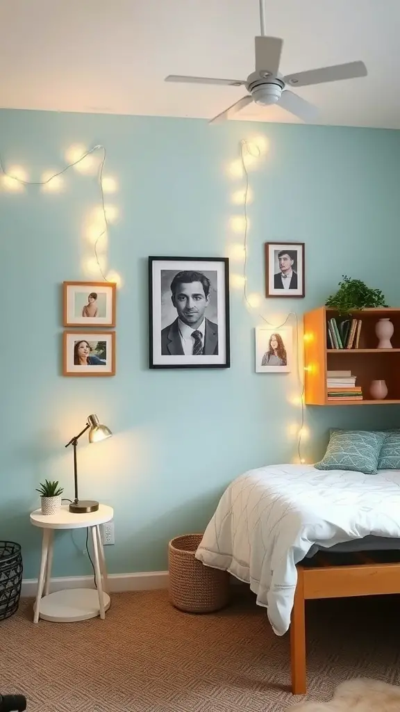 21 Charming Light Blue Dorm Room Ideas to Refresh Your Space 8 A dorm room with light blue accent walls, featuring framed photos, a cozy bed, and warm lighting.