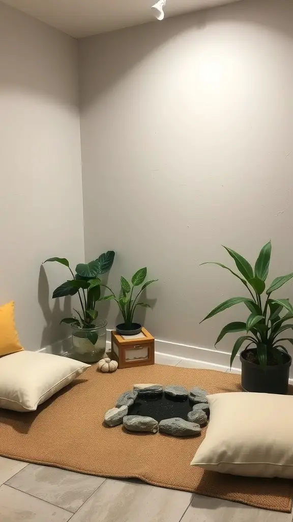 21 Cozy Basement Ideas for a Warm and Inviting Space 10 A cozy basement meditation space featuring soft pillows, potted plants, and a small stone arrangement on a warm rug.