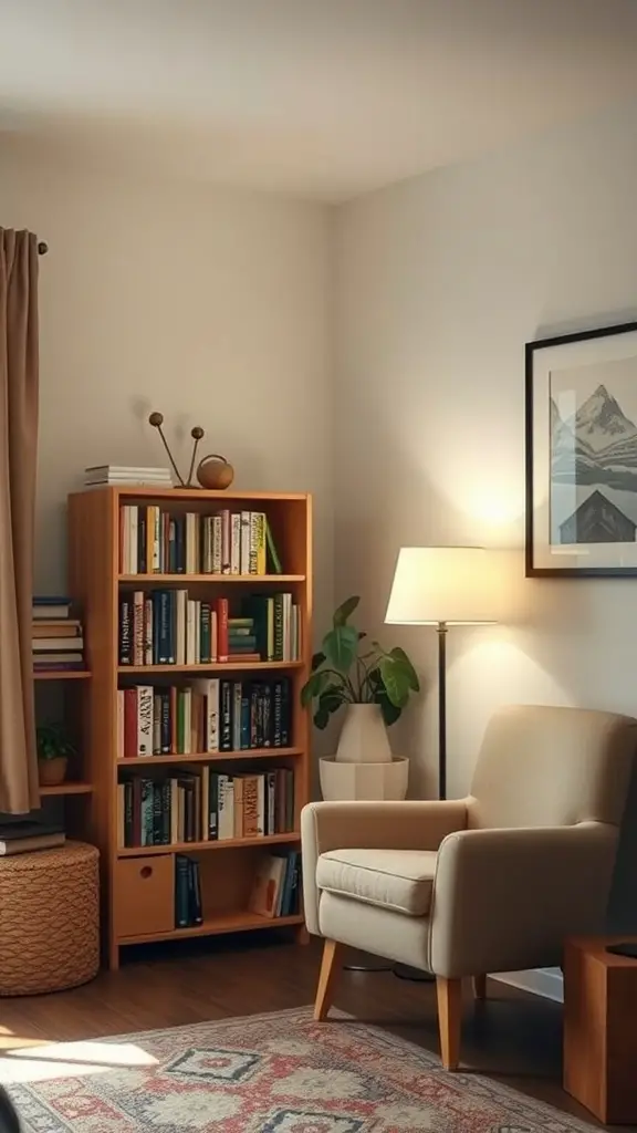 21 Creative Dorm Room Inspiration Ideas for College Students 14 Cozy reading corner with a chair, bookshelf, lamp, and plant