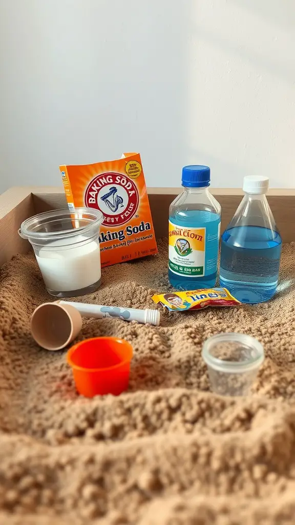 21 Creative Sandbox Ideas for Endless Outdoor Fun 16 Various science experiment materials in a sandbox, including baking soda, liquids, and measuring tools.