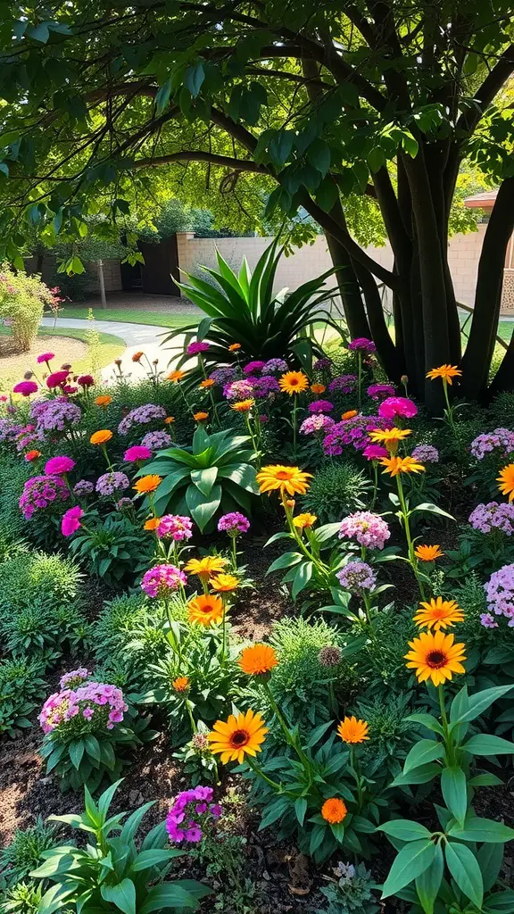 Colorful flower bed featuring daisies and zinnias under a large tree.