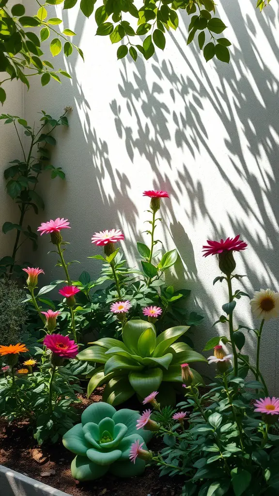15 Beautiful Corner Flower Bed Ideas for Your Garden 2 A vibrant corner flower bed featuring pink flowers, succulent plants, and green leaves, with a background of soft shadows on a wall.