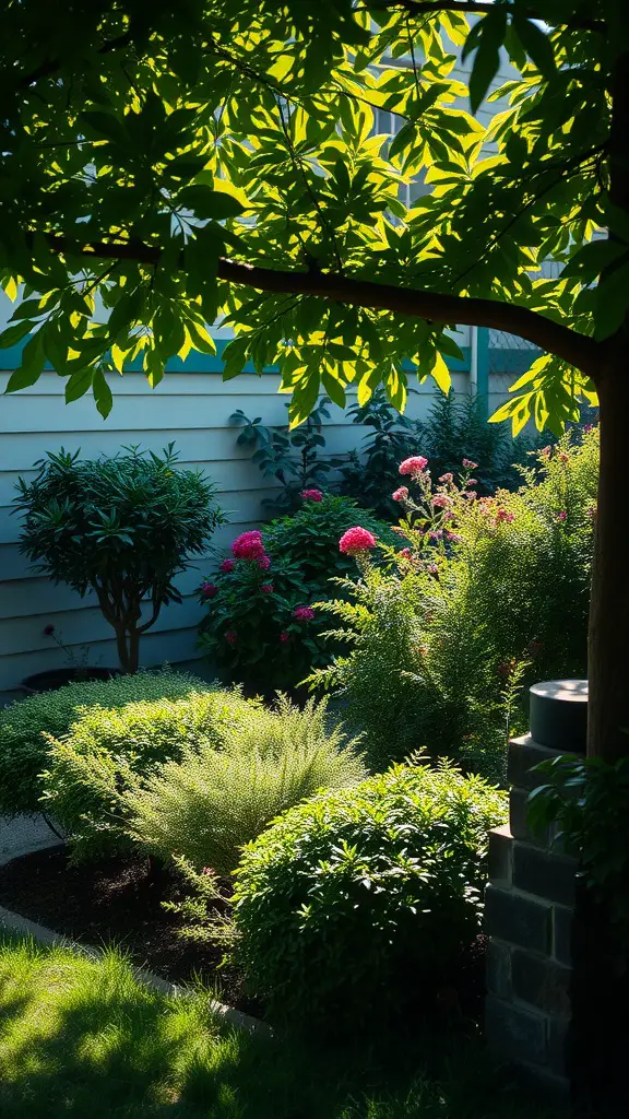 23 Stunning Shrubs for Beautiful Landscaping Ideas 17 A landscaped garden with various shrubs and flowers under a tree in a shaded area.