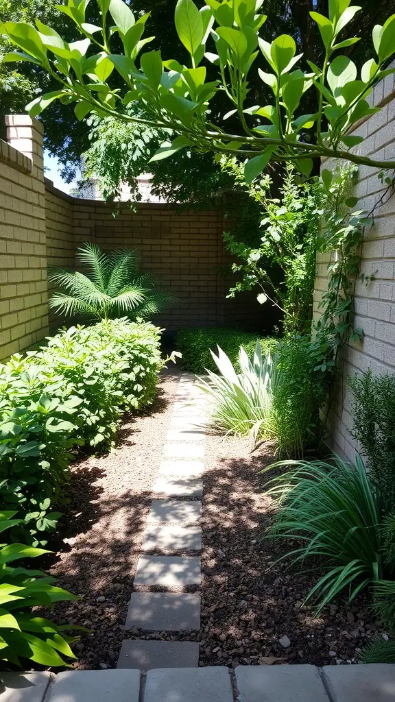 25 Creative Ideas for Beautiful Small Gardens 15 A shaded garden pathway bordered by lush green plants and a warm stone path.