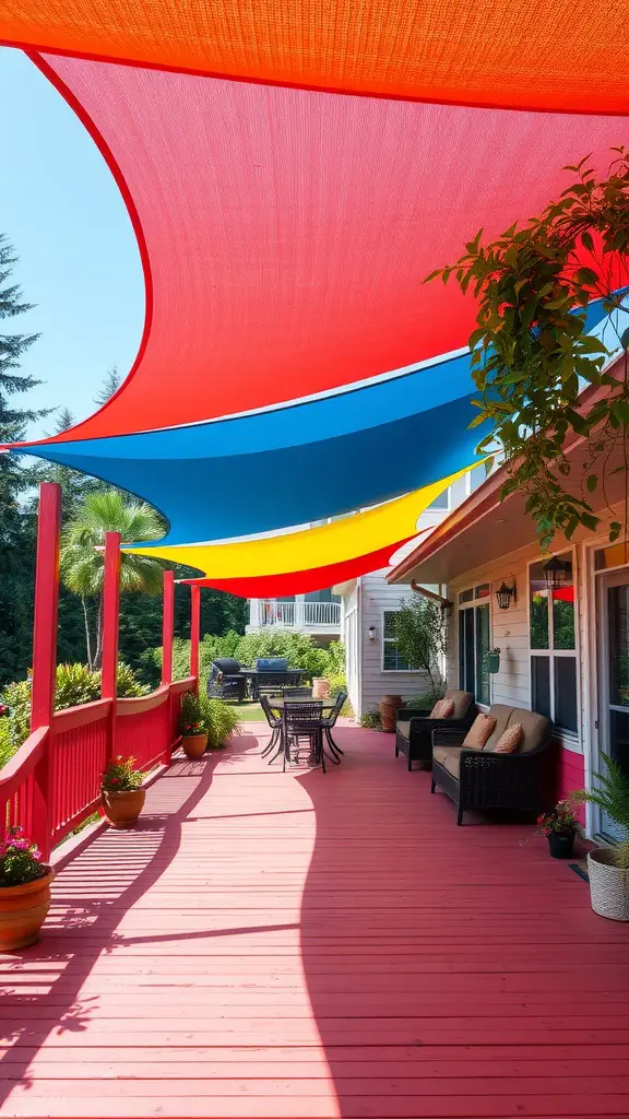 19 Creative Deck with Roof Ideas for Your Outdoor Space 17 Colorful shade sails providing cover over a deck with red flooring and a cozy seating area.