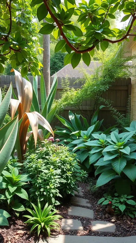 23 Creative Side Yard Landscaping Ideas You’ll Love 14 A lush side yard garden featuring various shade-tolerant plants and a stone pathway.