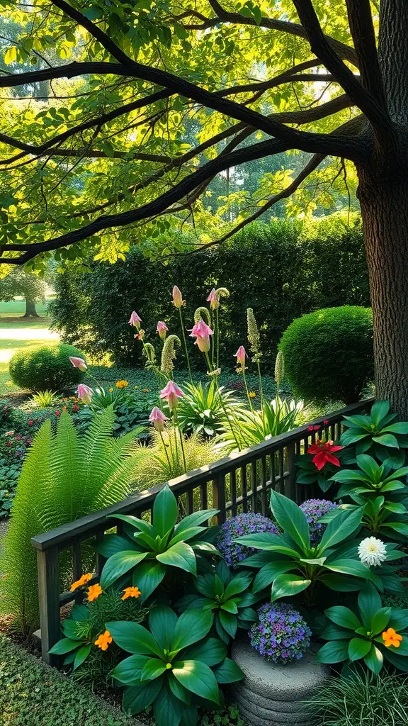A well-arranged flower bed in a shady area, featuring various colorful flowers and lush greenery.