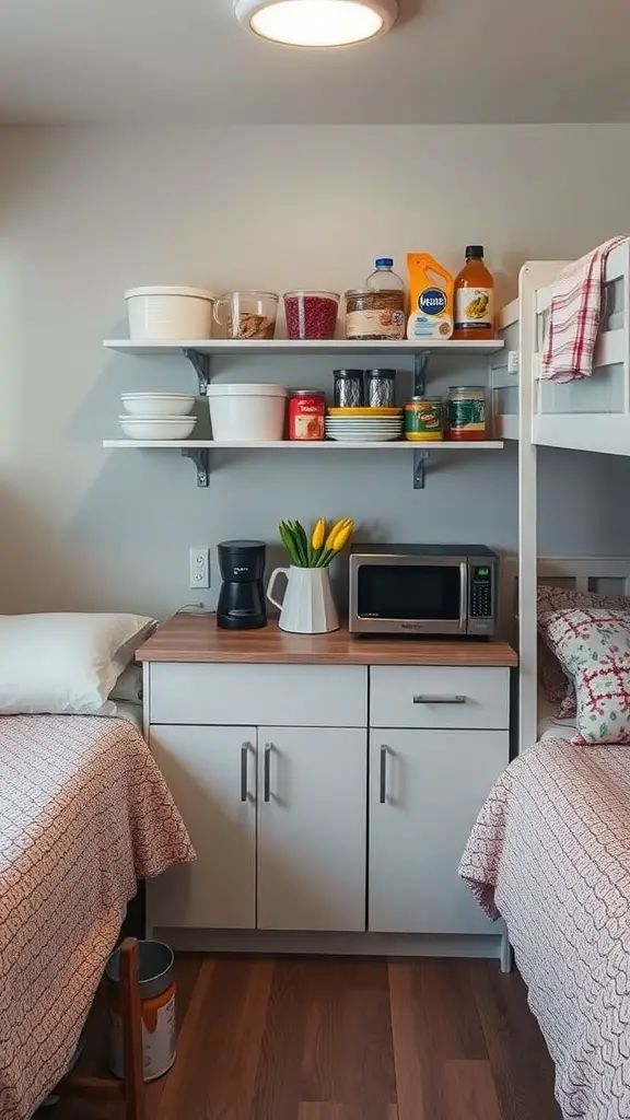23 Creative Triple Dorm Room Ideas to Maximize Space and Style 14 A shared kitchenette in a triple dorm room, featuring shelves with food items, a microwave, and a coffee maker.