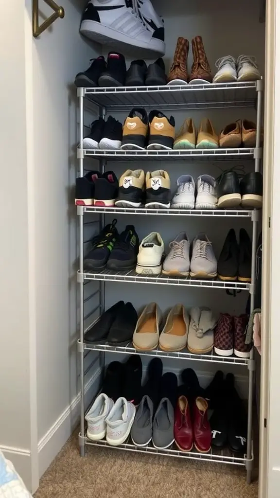 19 Creative Dorm Closet Organization Ideas You Need to Try 15 A tiered shoe rack filled with various types of shoes, demonstrating effective organization in a dorm closet.