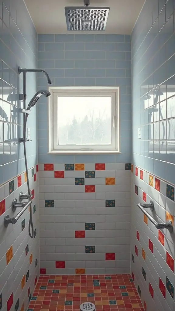 19 Creative Windowless Bathroom Ideas You’ll Love 16 A colorful shower with blue tiles and vibrant accents, featuring a contemporary showerhead and a window.