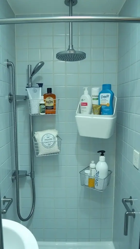 19 Creative Dorm Bathroom Ideas for a Stylish Space 16 Shower organizer with baskets and shelves in a small bathroom