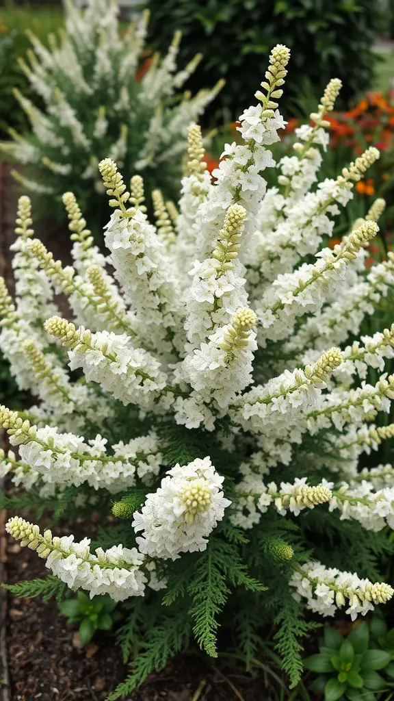 23 Stunning Flowering Shrubs to Transform Your Garden 10 A lush spirea shrub with white flowers, showcasing its textured layers in a garden setting.