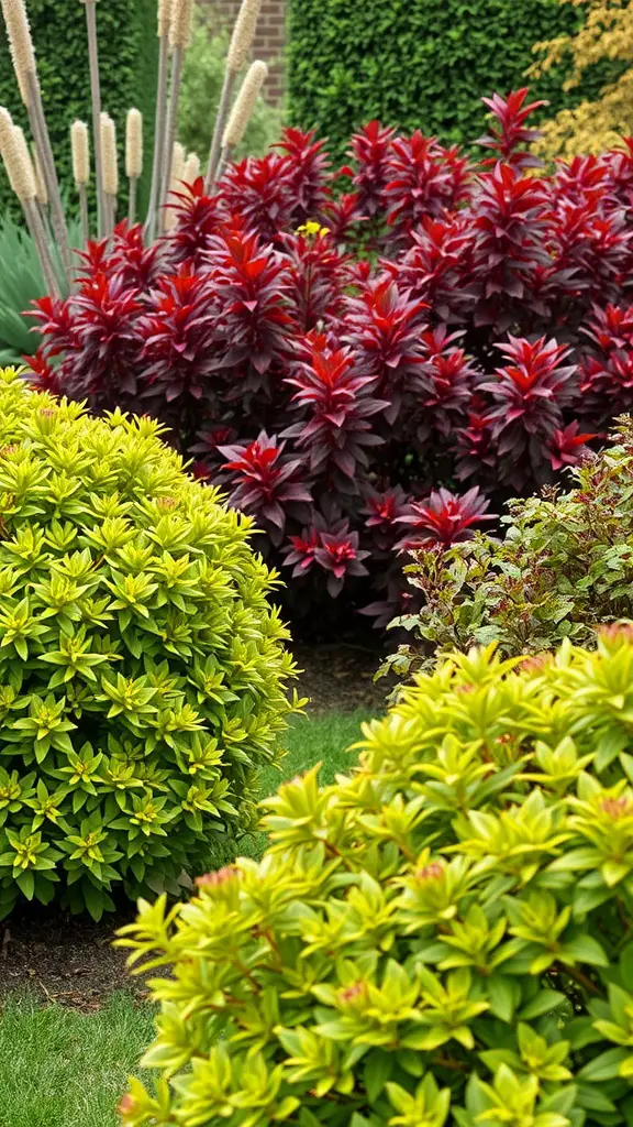 23 Stunning Shrubs for Beautiful Landscaping Ideas 13 A vibrant garden featuring a mix of shrubs with bright green and deep red foliage, showcasing seasonal changes in colors.
