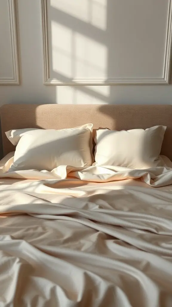 21 Cozy Bedding Ideas for Ultimate Comfort 13 A cozy bed with silk sheets and plush pillows, illuminated by soft sunlight.