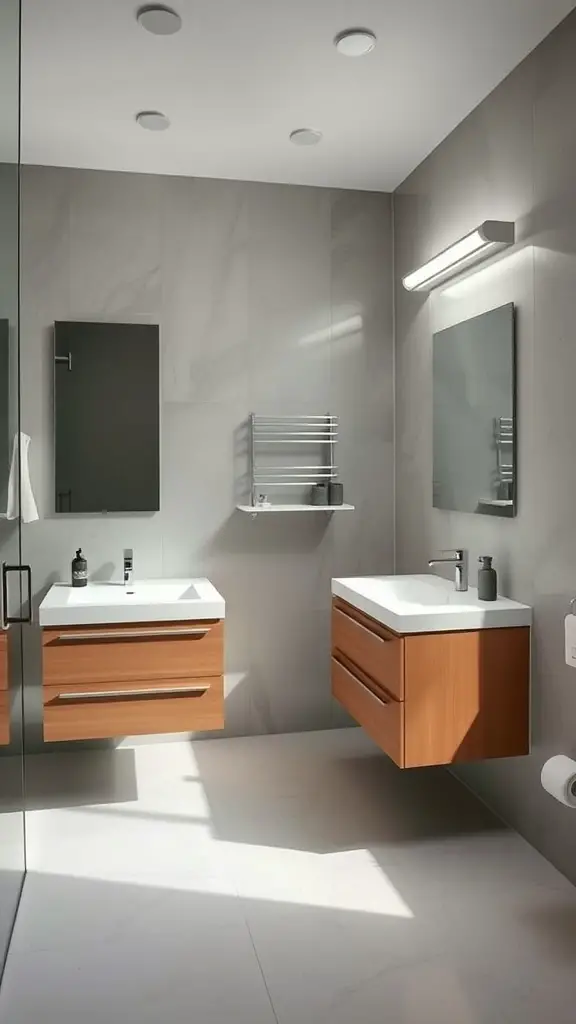 15 Fabulous 70s Bathroom Aesthetic Ideas to Inspire Your Renovation 11 A modern bathroom featuring sleek floating wooden vanities with white sinks and stylish lighting.