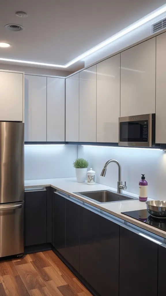 17 Innovative Under Cabinet Lighting Ideas for Your Kitchen 9 A modern kitchen featuring sleek LED strip lighting under the cabinets.
