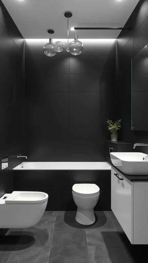 25 Stunning Bathroom Tile Combination Ideas to Transform Your Space 6 A modern bathroom featuring sleek matte black tiles and glossy white accents, with a stylish layout.