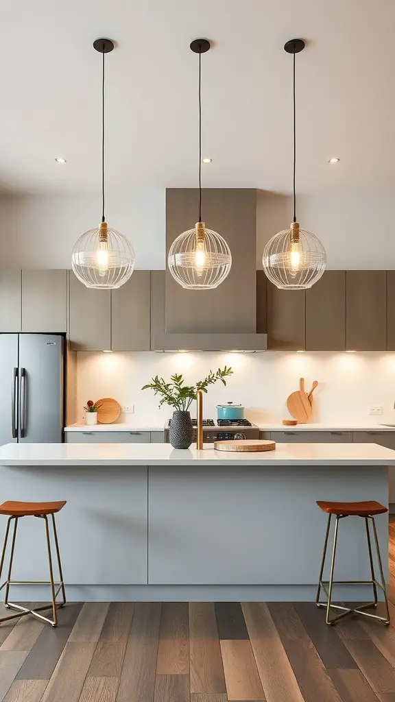 17 Stunning Kitchen Island Pendant Lighting Ideas 5 Three sleek minimalist hanging lamps above a kitchen island.