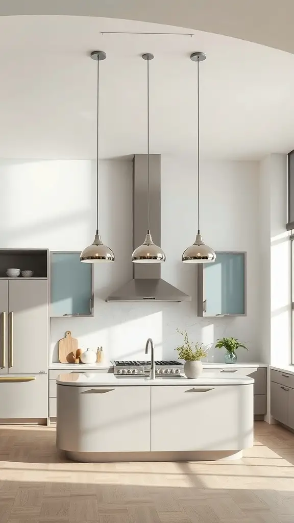 19 Stylish Kitchen Lighting Fixture Ideas You’ll Love 2 Modern kitchen featuring sleek pendant lights above a kitchen island.