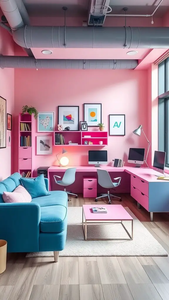 A modern dorm room featuring pink walls, a blue sofa, and a stylish pink and blue desk setup.