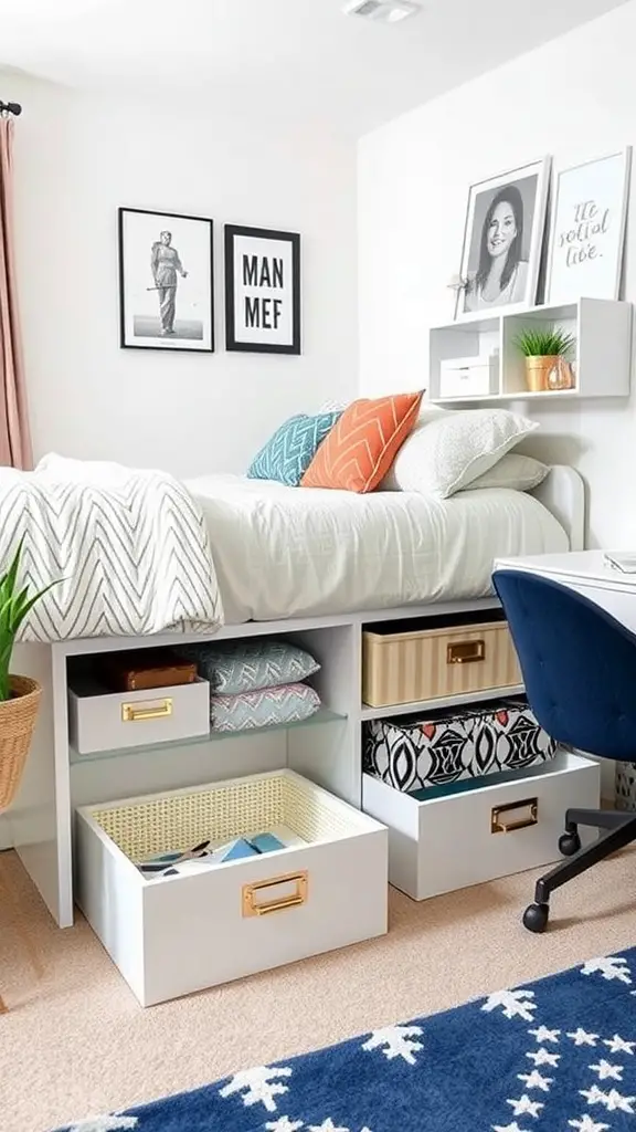 19 Aesthetic Dorm Room Ideas You’ll Love 14 Stylish dorm room with a bed frame featuring built-in storage, colorful cushions, and organized storage boxes underneath.