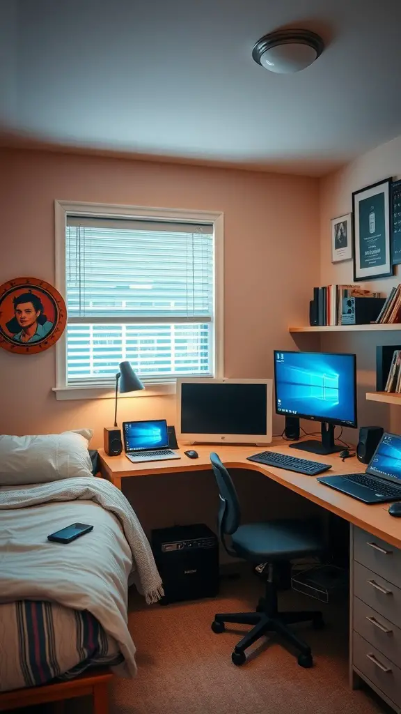 15 Adorable Dorm Room Ideas to Transform Your Space 17 A well-organized dorm room featuring a bed, desk with multiple screens, and a cozy atmosphere.