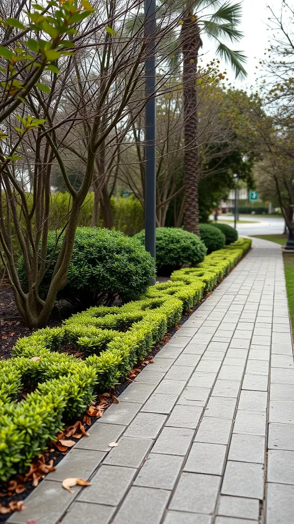 23 Stunning Shrubs for Beautiful Landscaping Ideas 6 Small green shrubs lining a paved walkway with surrounding trees