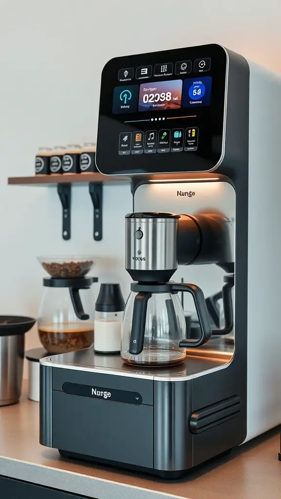 19 Creative Home Cafe Ideas to Elevate Your Coffee Experience 15 A smart coffee brewing station with a touchscreen display and coffee accessories.
