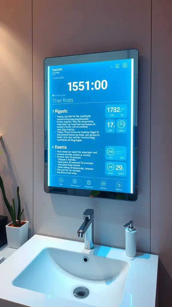 19 Stunning Bathroom Mirror and Lighting Ideas You’ll Love 14 A smart mirror displaying time and information in a modern bathroom setting.