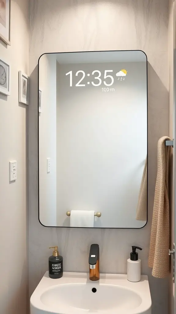 23 Stunning Small Bathroom Interior Ideas for a Stylish Makeover 15 A modern smart mirror displaying time and weather in a small bathroom setting.