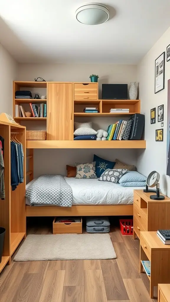 25 Stunning Luxury Dorm Room Ideas to Elevate Your Space 16 A luxury dorm room featuring smart storage solutions like a lofted bed, shelving, and organized wardrobe space.