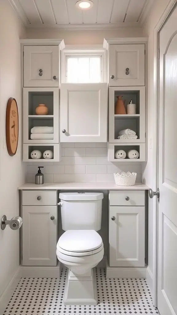 19 Creative Windowless Bathroom Ideas You’ll Love 10 A modern windowless bathroom with smart storage solutions including cabinetry and open shelves.