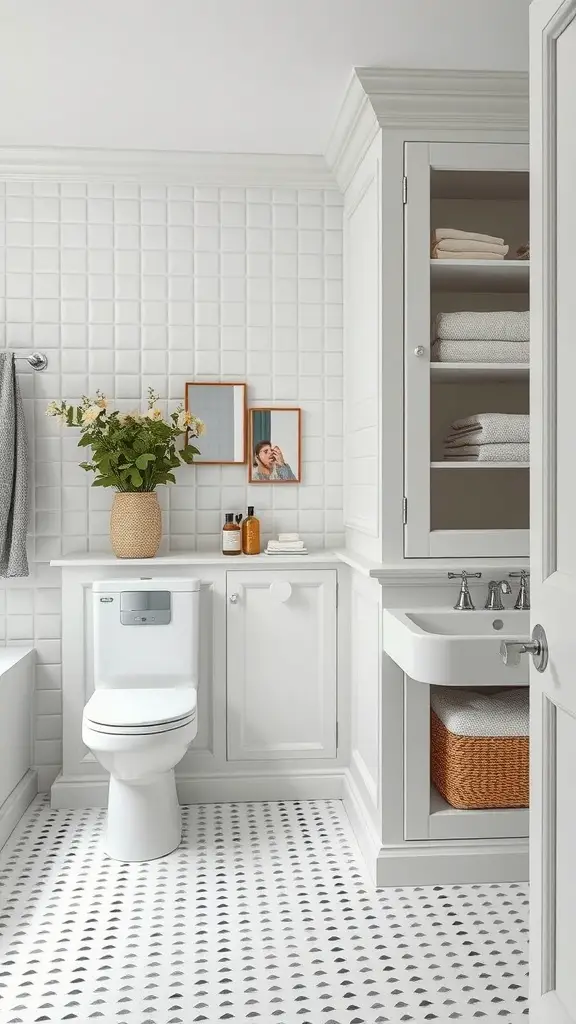 21 Stunning Scandinavian Bathroom Ideas You’ll Love 16 A Scandinavian bathroom featuring smart storage solutions with a clean design, open shelves, and a potted plant.