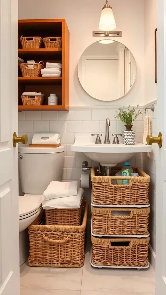 27 Clever Tiny Bathroom Ideas for Maximum Style and Functionality 2 A small bathroom with organized storage under the sink, featuring wicker baskets and open shelves.