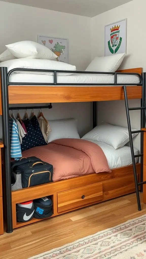 23 Trendy Dorm Bedding Ideas for a Stylish Space 13 A lofted bed setup in a dorm room with storage underneath, featuring drawers and hanging clothes.