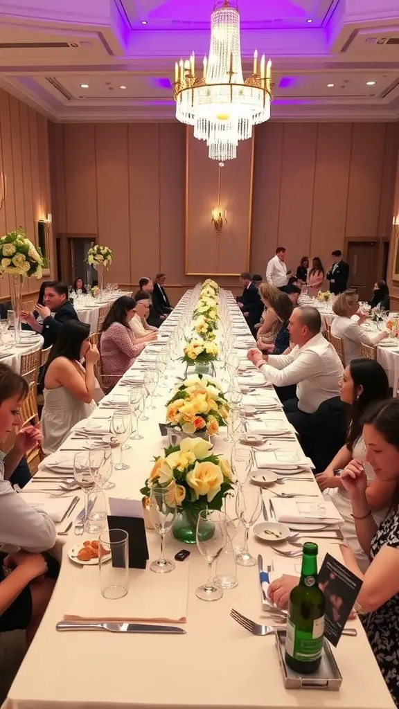 23 Exciting Future Wedding Trends to Inspire Your Big Day 4 A long table set for a wedding dinner, decorated with flowers and spaced seating.