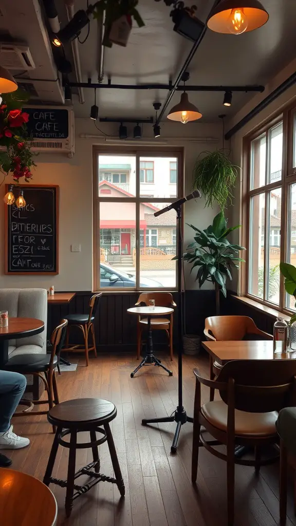 19 Cozy Cafe Ideas to Inspire Your Perfect Coffee Shop Theme 4 Cozy cafe interior with plants, warm lighting, and a microphone setup for live music.