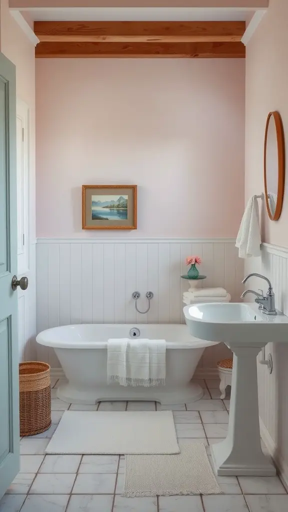 25 Charming Cottage Style Bathroom Ideas to Inspire Your Next Renovation 2 Cottage style bathroom with soft pink walls and white wainscoting.