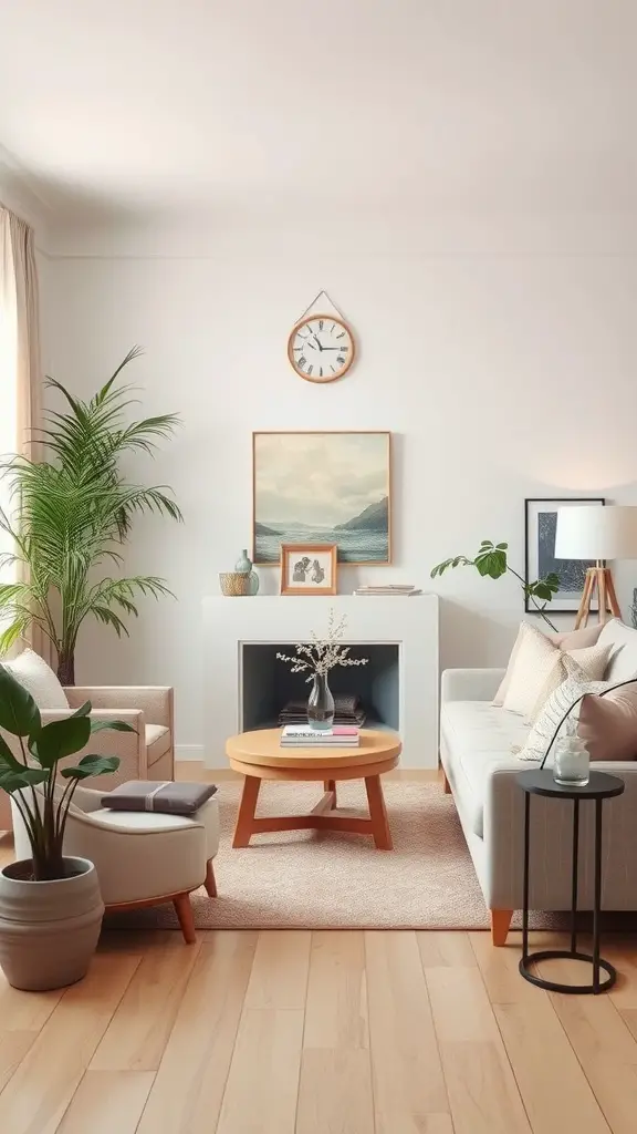 21 Cozy Living Room Ideas to Transform Your Space 4 A cozy living room with soft color palettes, featuring light-colored furniture, plants, and a wooden coffee table.