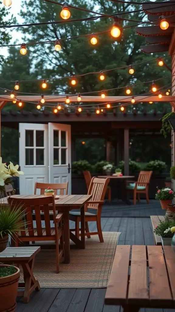 19 Stunning Modern Farmhouse Lighting Ideas to Illuminate Your Space 7 An outdoor space with string lights hanging over wooden tables and chairs, creating a warm and inviting atmosphere.