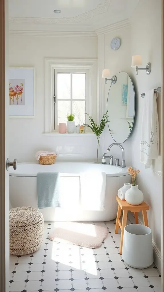 21 Stunning Scandinavian Bathroom Ideas You’ll Love 4 A bright Scandinavian bathroom with soft pastel accents, featuring a bathtub, light blue towel, and pink rug.