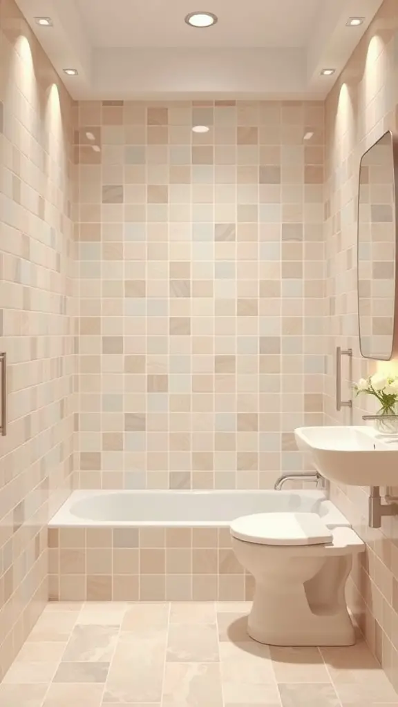 25 Stunning Bathroom Tile Combination Ideas to Transform Your Space 7 A bathroom featuring soft pastel tiles with geometric patterns on the walls and floor.